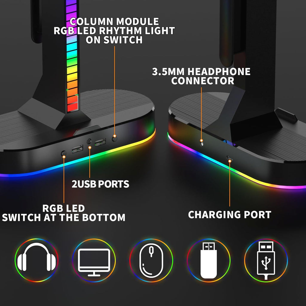 RGB Headphone Stand - Dual Gaming Headset Holder with 3 USB Charging Station and 3.5mm Audio Port,8 Light Modes