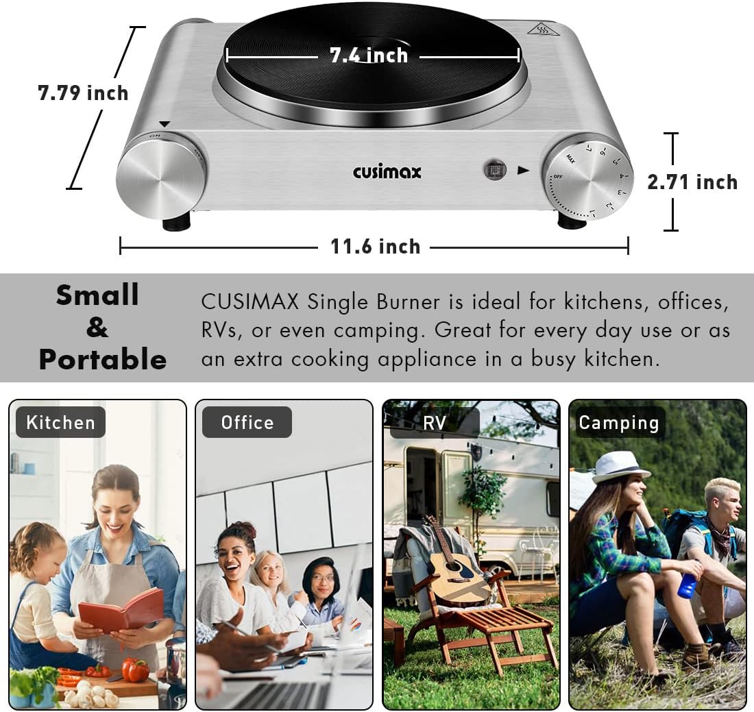 Hot Plate, CUSIMAX Electric Burner 1500W Single Burner for Cooking, Silver