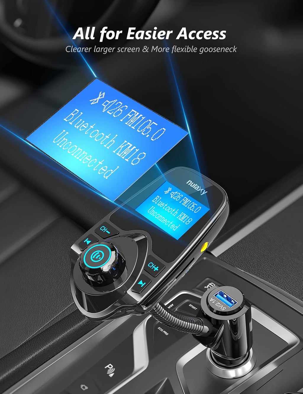 Bluetooth 5.4 Car Adapter FM Transmitter with 1.44" LCD Screen Black | Wireless FM Radio Player with Flexible