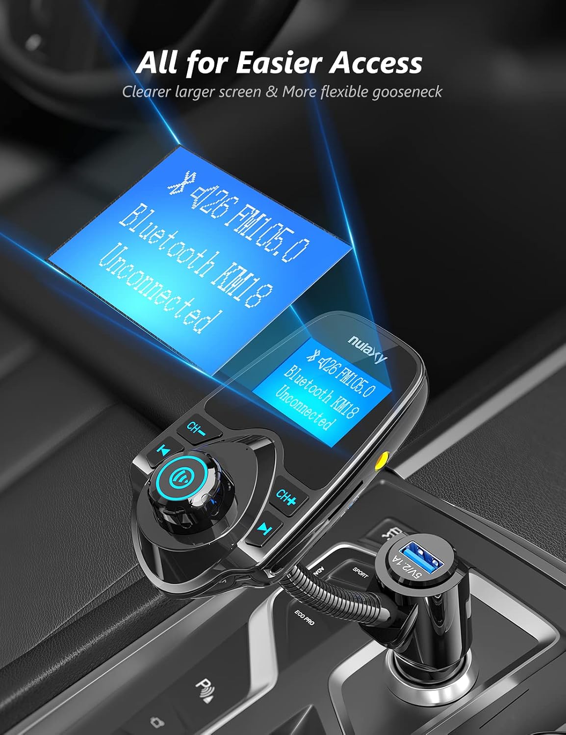 Bluetooth 5.4 Car Adapter FM Transmitter with 1.44" LCD Screen Black | Wireless FM Radio Player with Flexible