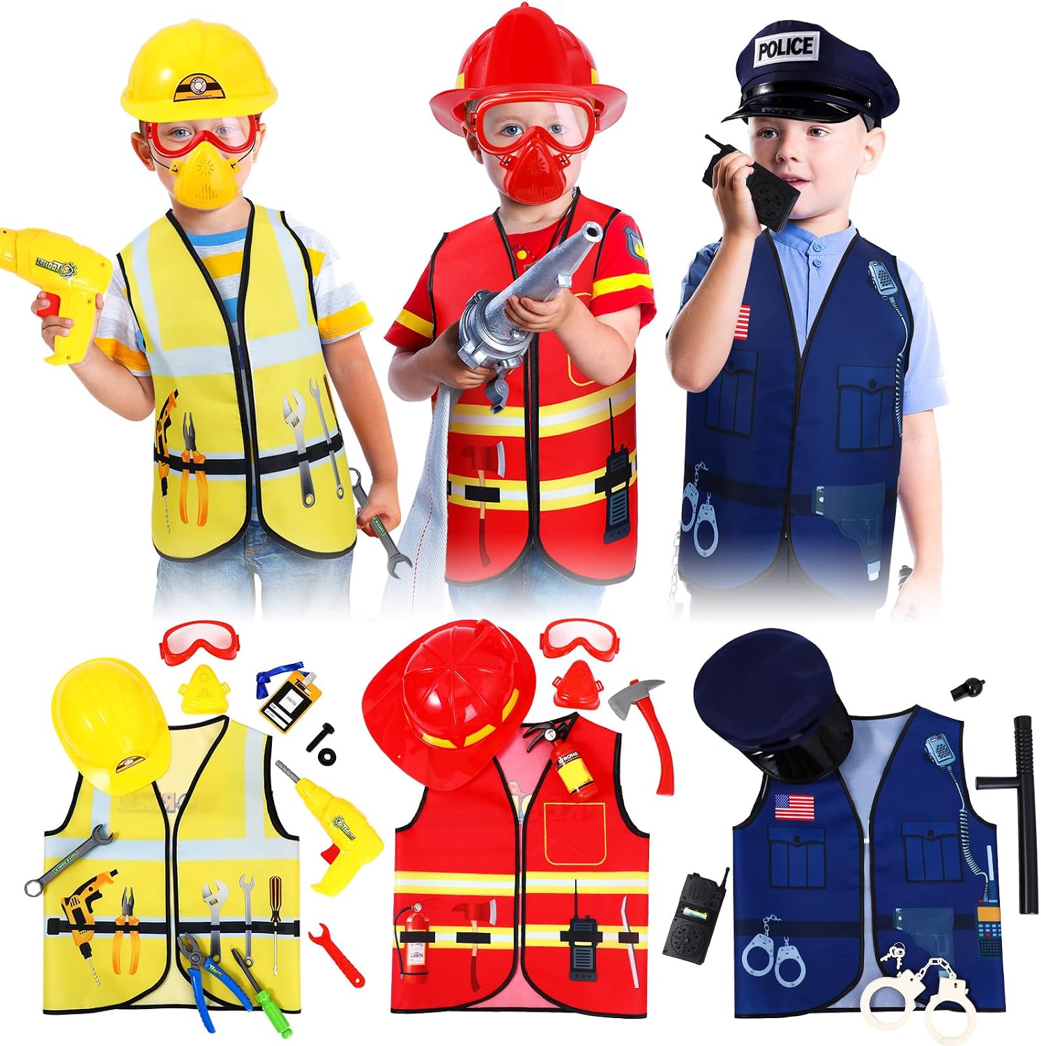 3 Sets Kids Dress up for Play Age 3-7 Years Old,dress up Costumes Vest Set Police,fireman and Worker for Toddler Kids