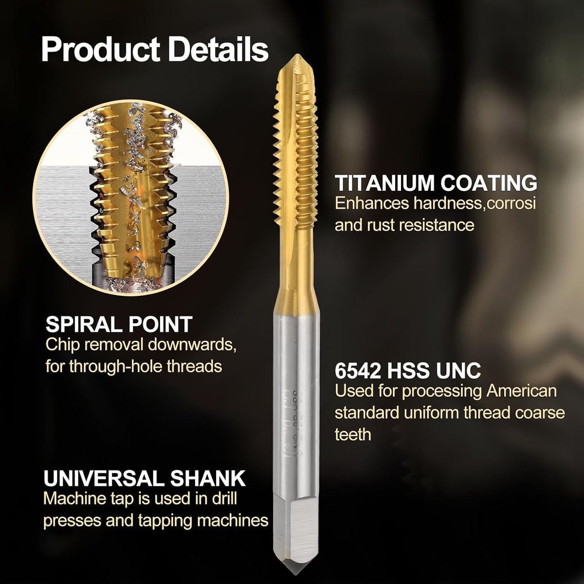 6Pcs 8-32 UNC B2 Spiral Point Thread Tap, Titanium Coated HSS 6542 Tapping Tool for Precision Threading in Metal and Hard Materials