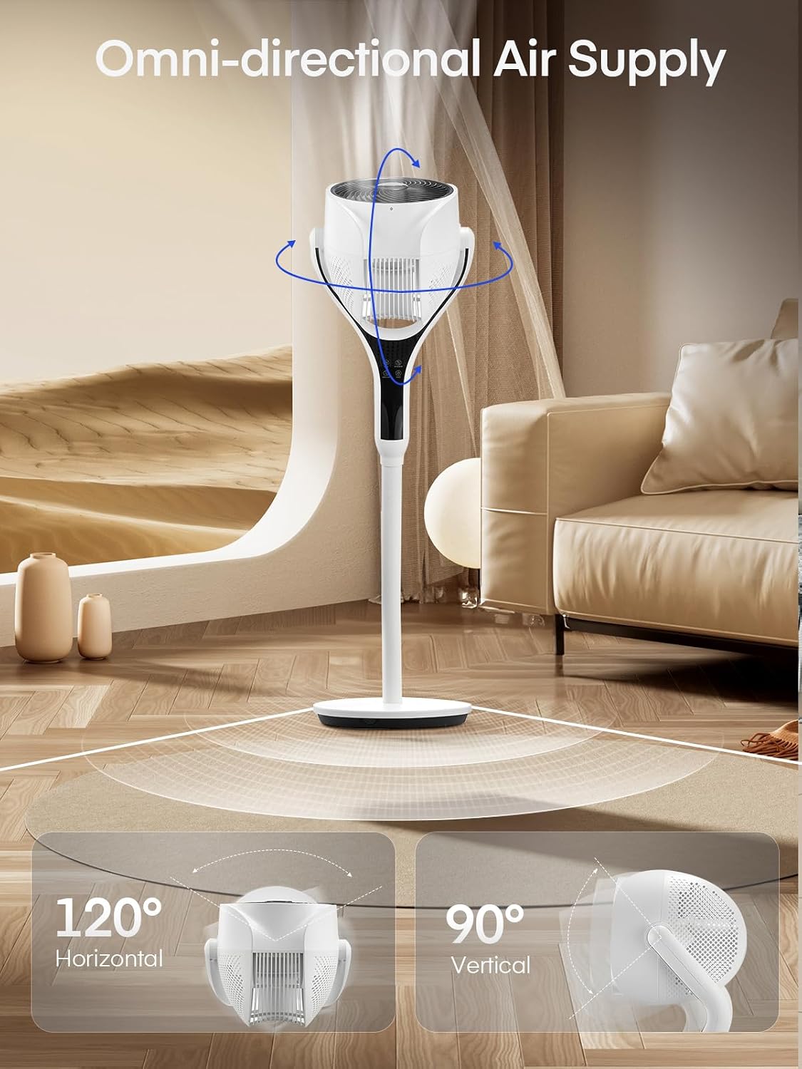 Quiet Air Circulator Fan for Bedroom，120° + 90° 3D Oscillating Pedestal Fan with Remote, 25dB Sleep Mode, 12 Speeds