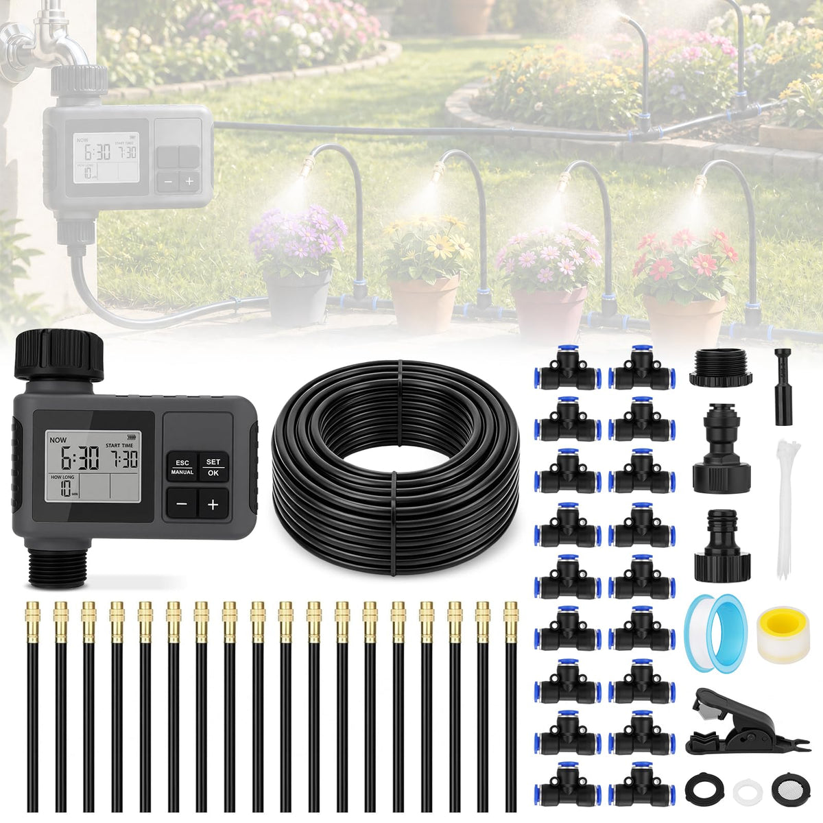 66FT Drip Irrigation System with Water Timer, Automatic Garden Watering Kit