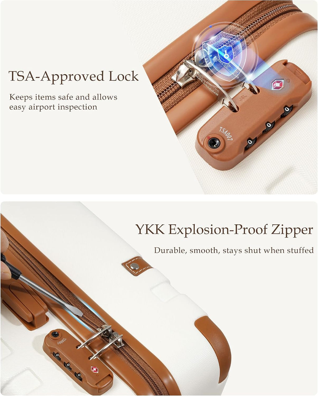 Luggage Sets 5 Piece, Suitcases With Wheels, PC+ABS Hardshell Luggage Set with Spinner Wheels, TSA Lock (White Brown)