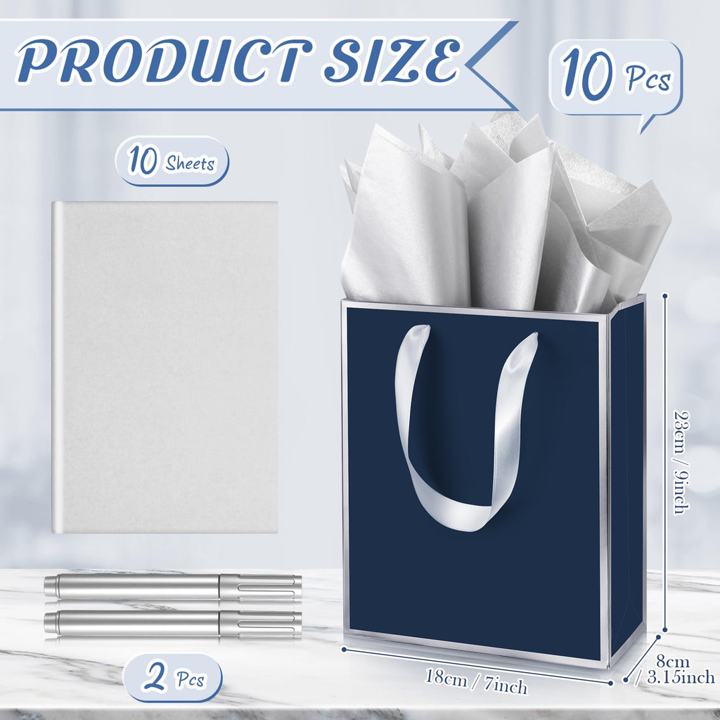 10 Pack Paper Gift Bags with Handle Tissue Paper, Navy Blue, Silver