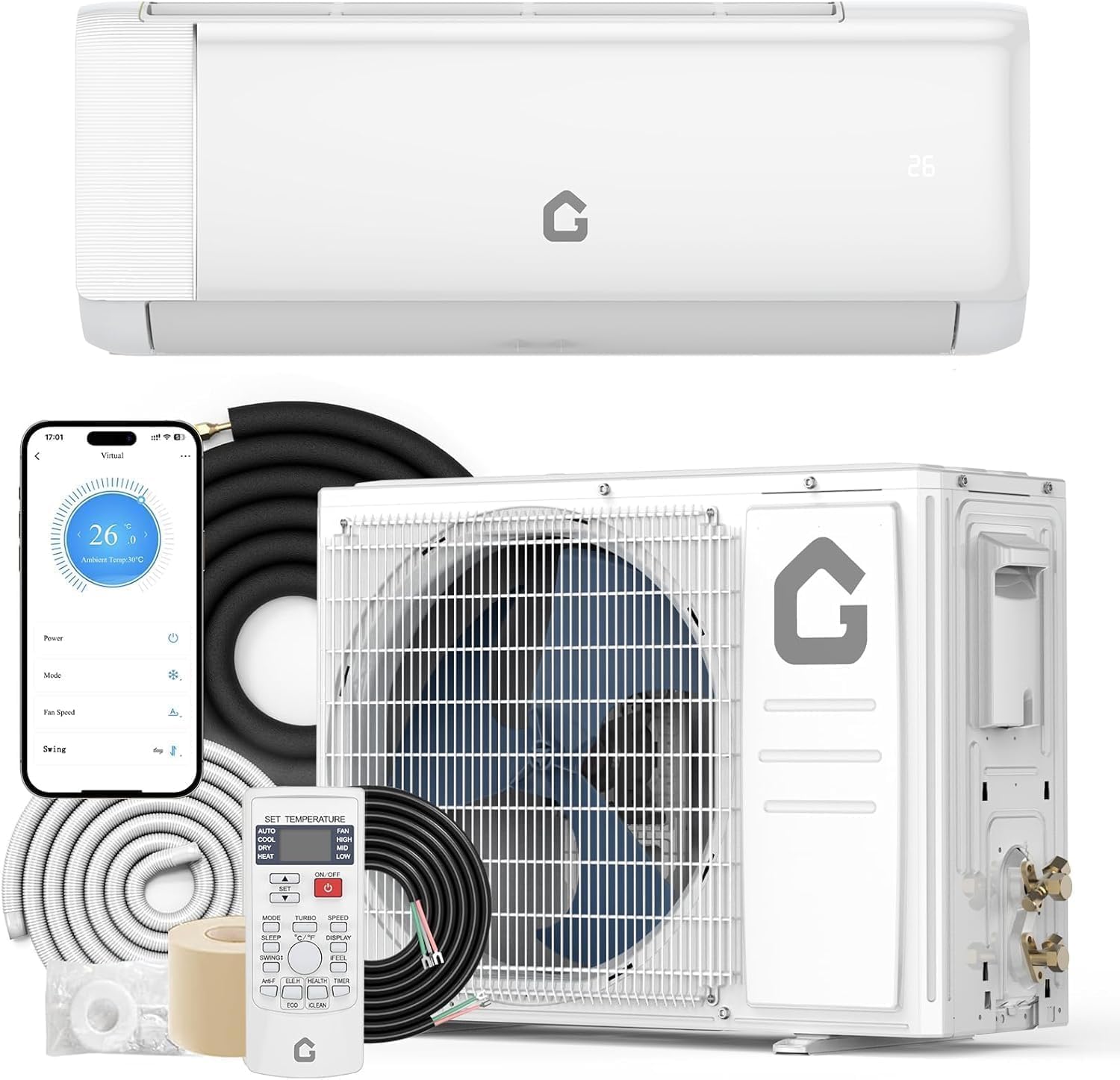 12,000 BTU Mini Split Air Conditioner & Heat Pump, 21 SEER2 Ductless Inverter, Smart WiFi, DIY Install Kit, Quiet