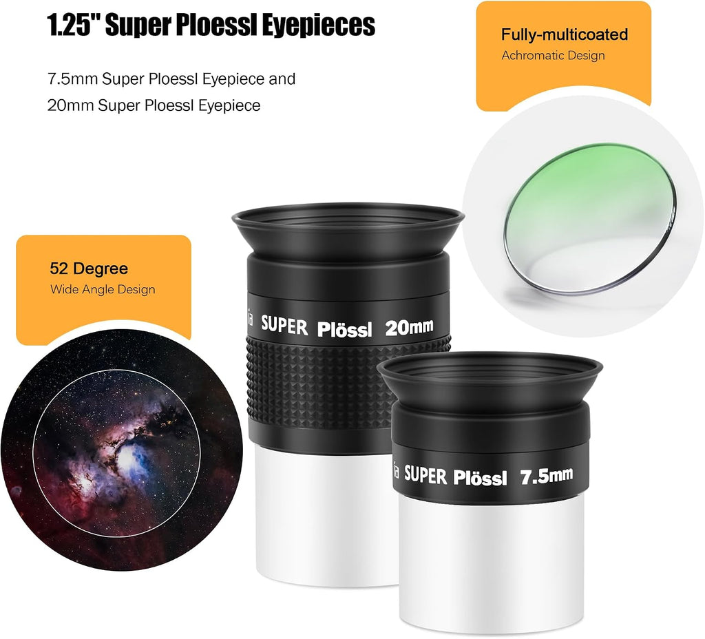 Telescope Eyepiece Set, 8 Piece Telescope Accessory Kit 1.25inch | Telescope Accessory Kit, Super Plossl Eyepiece