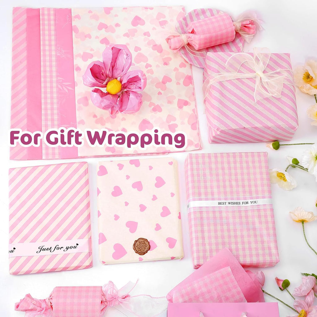 100 Pcs Pink Tissue Paper,5 Designs 14"X20" Tissue Paper Bulk
