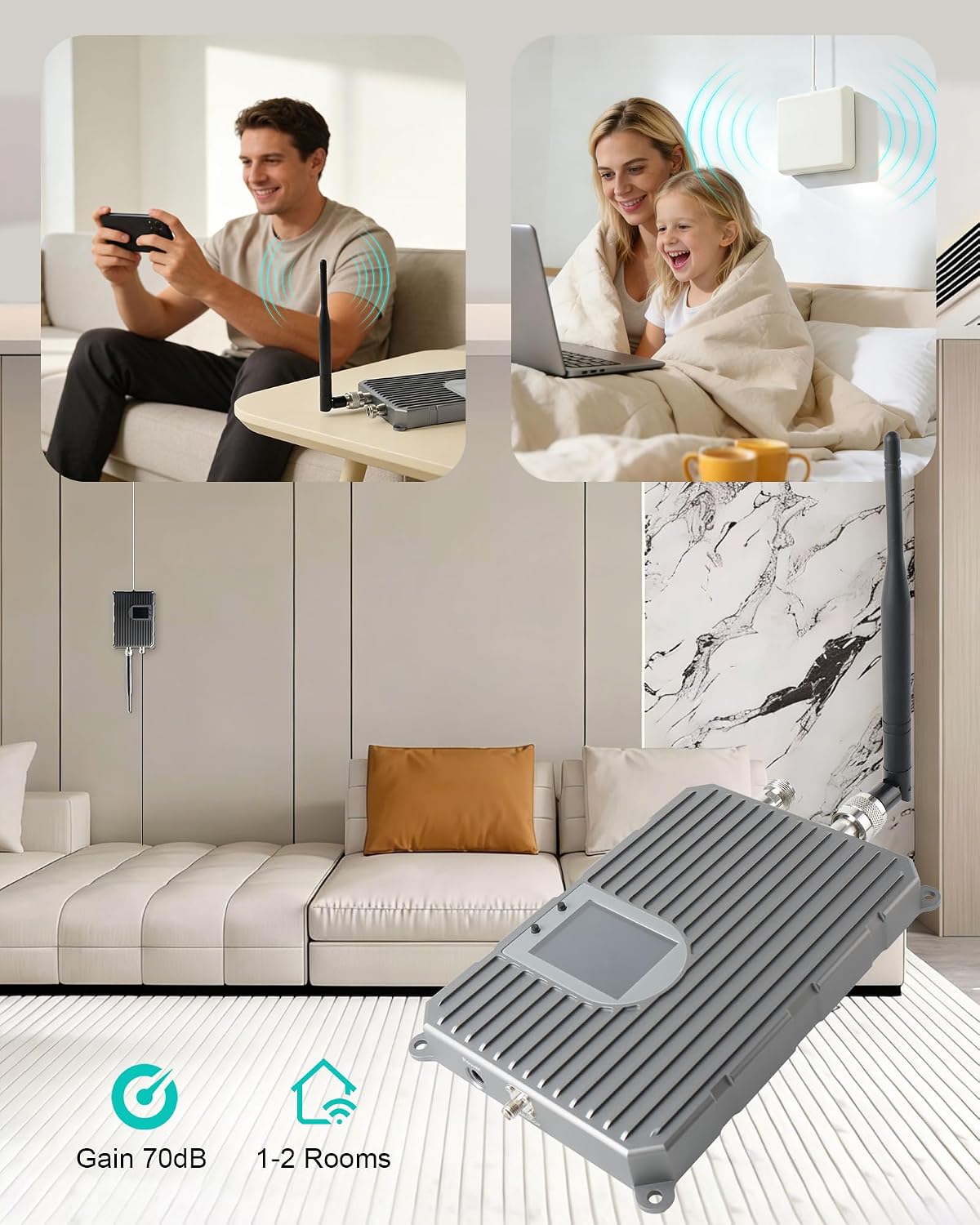 Cell Phone Signal Booster for Home Office, Up to 7000 sq.ft, Compatible with Compatible with AT&T & T-Mobile &