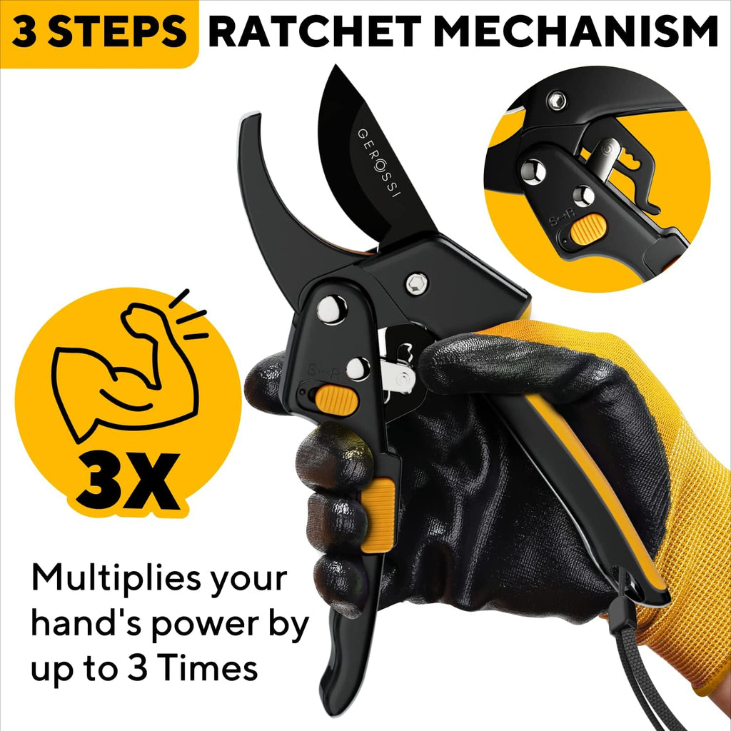 Ratchet Pruning Shears for Gardening Heavy Duty - Increases Cutting Power 3x - Perfect Ratchet Pruners for Weak Hands