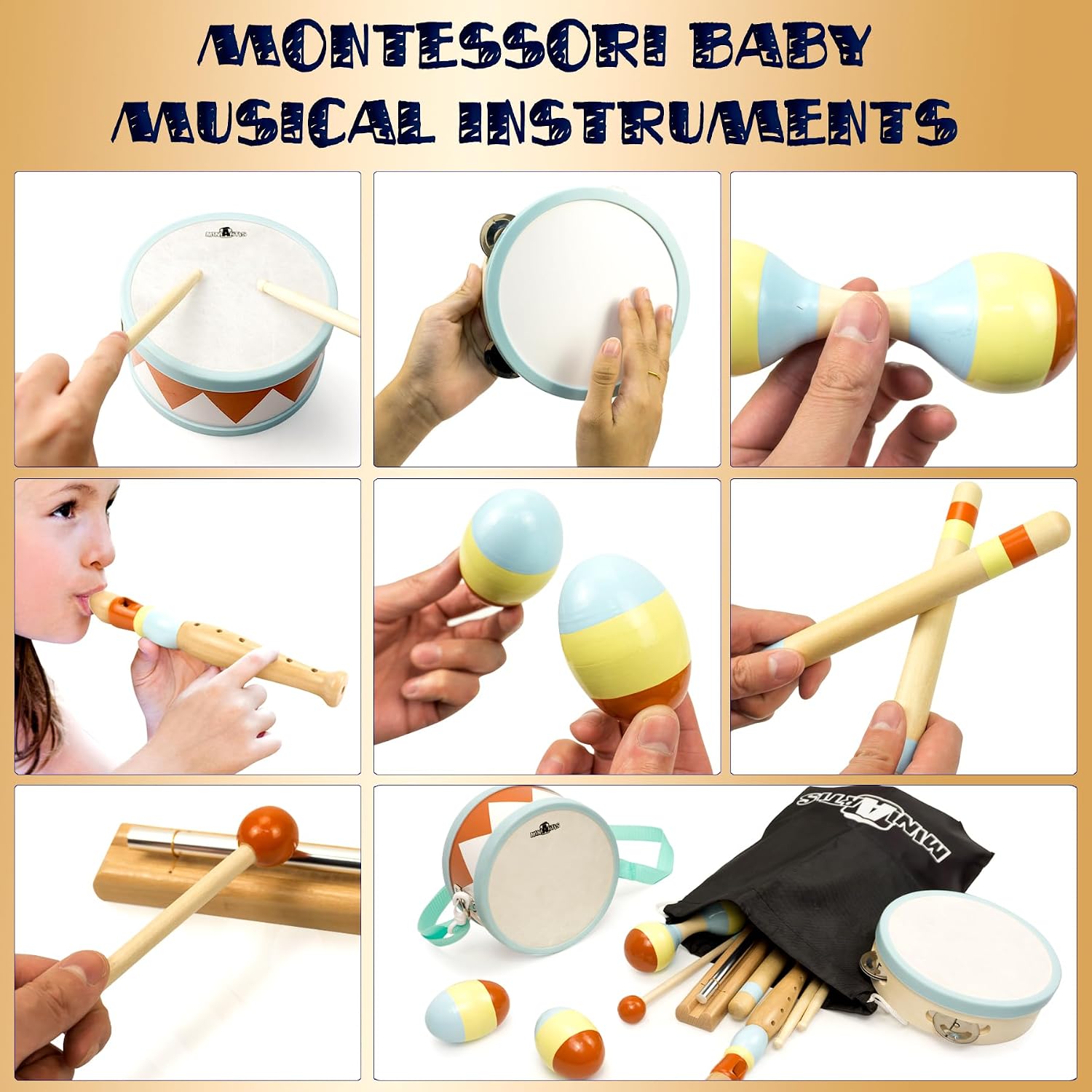 Toddler Musical Instruments - Montessori Wooden Musical Toys for Toddlers 1-3 | Modern Boho Baby Drum Set with