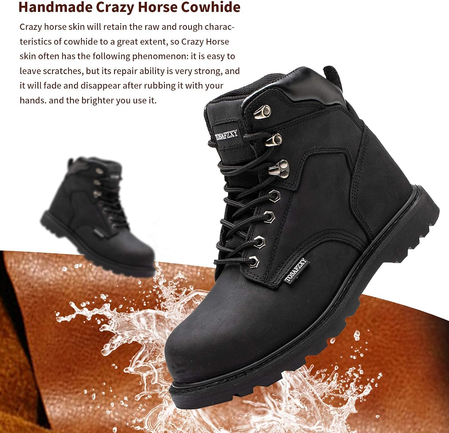 Work Safety Boots for Men Durable Crazy-Horse Leather Indestructible Steel Toe Waterproof and Non-Slip Better Warmth