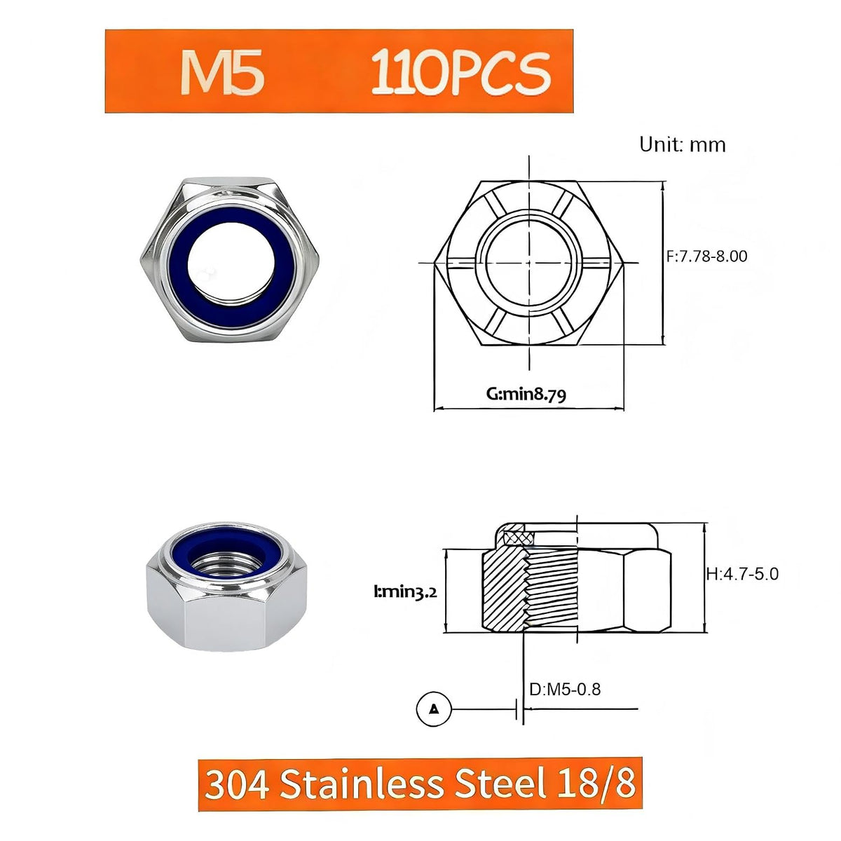 M5-0.8mm Locknuts, 110PCS 304 (A2-70) Stainless Steel Nylon Insert Lock Nuts,Standard Metric Thread Nylock Nuts
