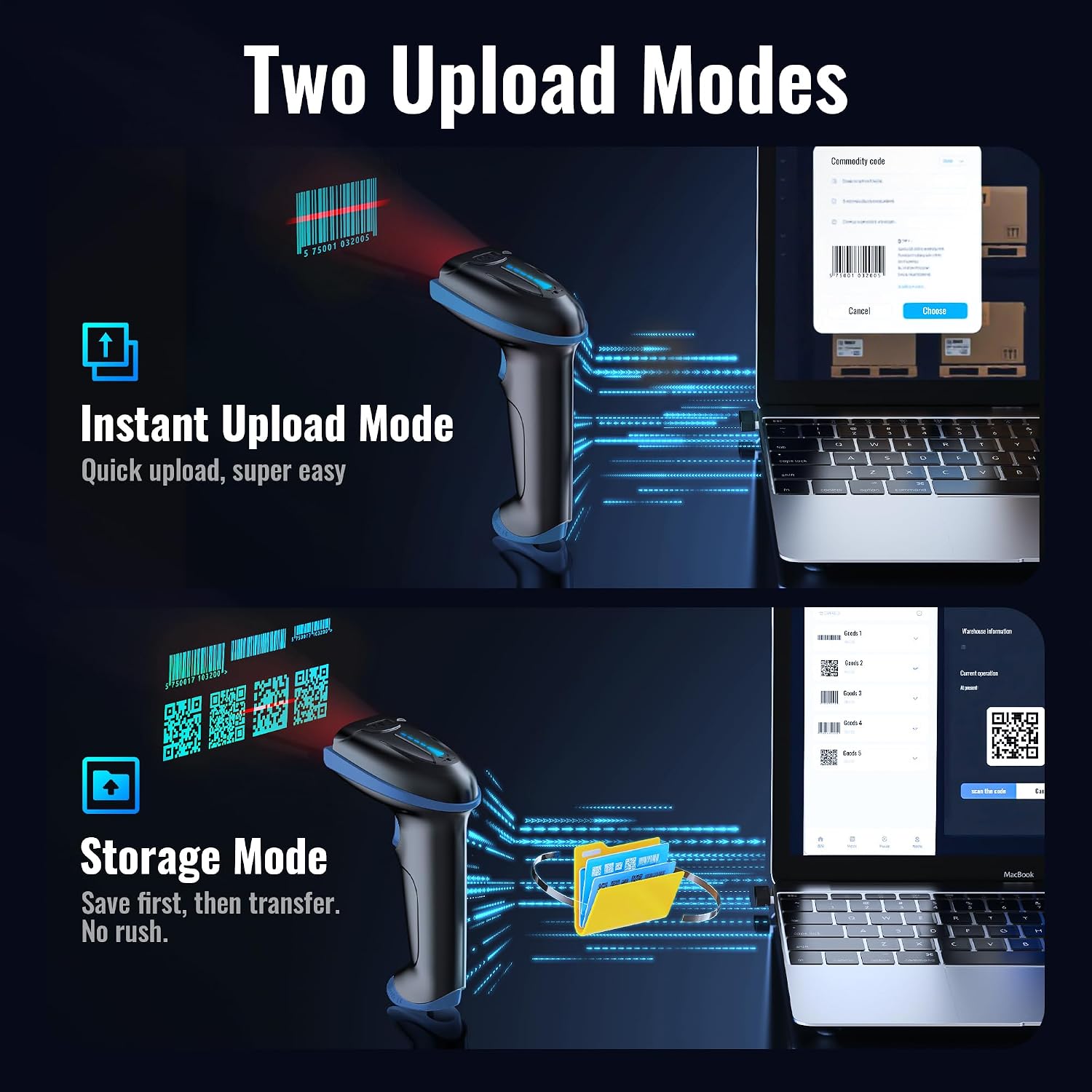 Barcode Scanner with Battery Indicator: 2D Wireless, D5100, Blue | USB Wired, 2.4G Wireless, 2200mAh Battery, 1D 2D