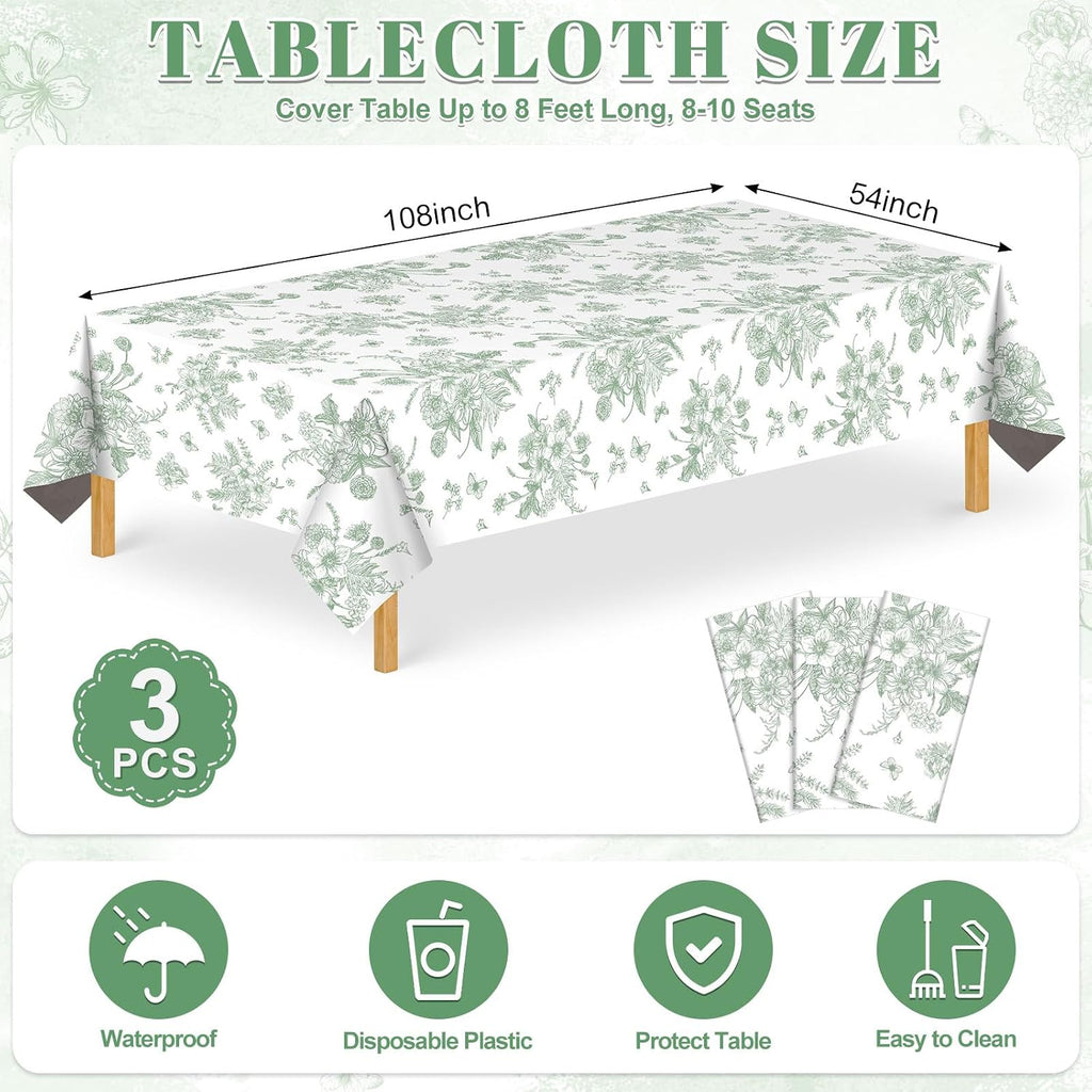 3 Pack Sage Green Floral Plastic Tablecloths, Tea Party Tablecloth