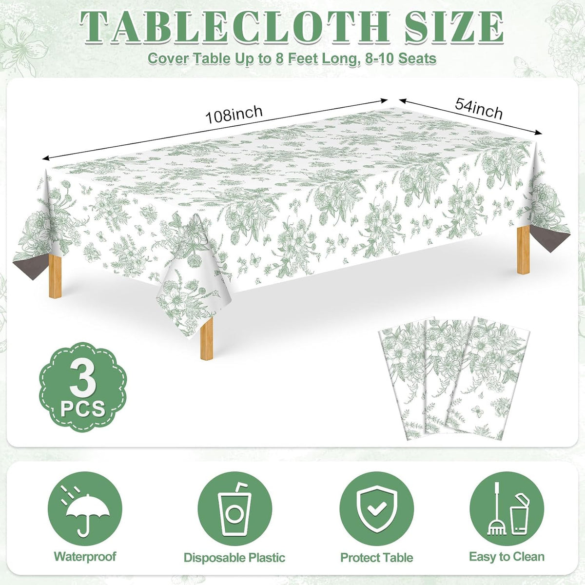 3 Pack Sage Green Floral Plastic Tablecloths, Tea Party Tablecloth