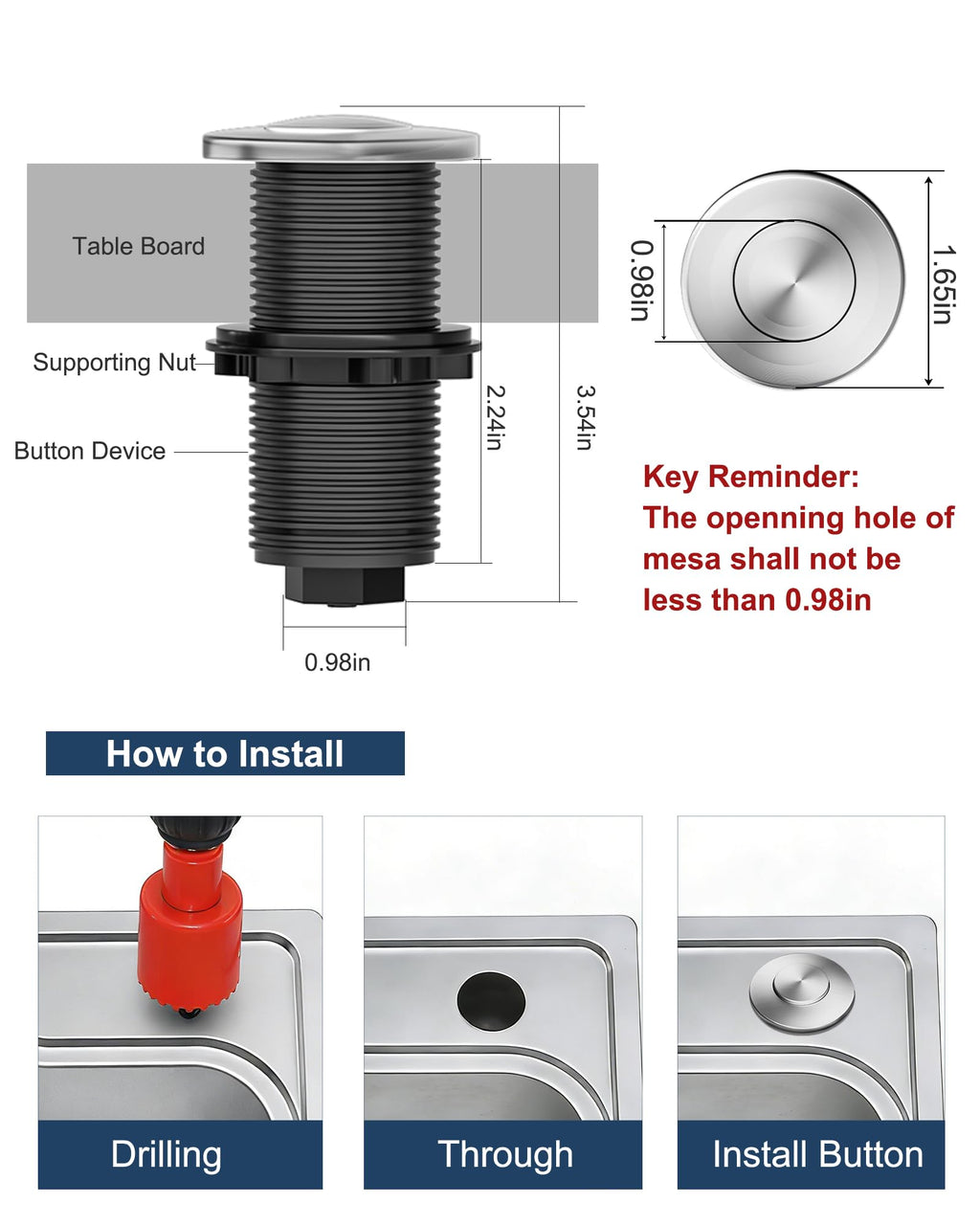 WUKUR Garbage Disposal Air Switch Kit for InSinkErator Garbage Disposal Sink Top Garbage Disposal Button Stainless Steel Brushed Nickel On/Off Air Button, Design for All Garbage Disposals