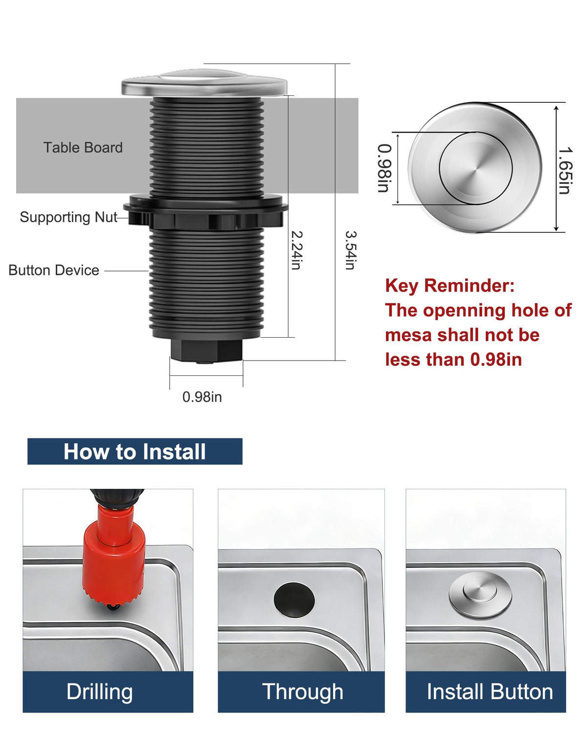 WUKUR Garbage Disposal Air Switch Kit for InSinkErator Garbage Disposal Sink Top Garbage Disposal Button Stainless Steel Brushed Nickel On/Off Air Button, Design for All Garbage Disposals