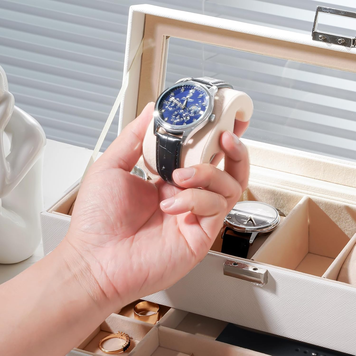 Watch Box, 6 Slot Watch Display Case with Drawer -White | Mens Watches Case with Glass Lid, 2-Layer Mens Jewelry