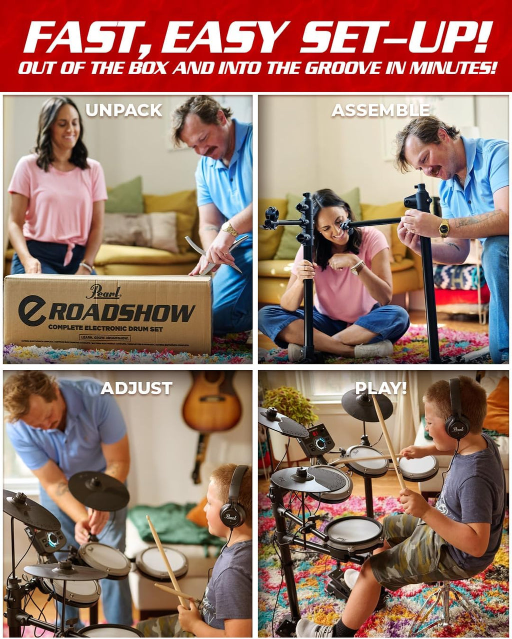 ERS1000 eRoadshow Electronic Drum Set, Complete Kit with Four Quiet Mesh Pads, Two Pedal Controllers, Cymbal Pads