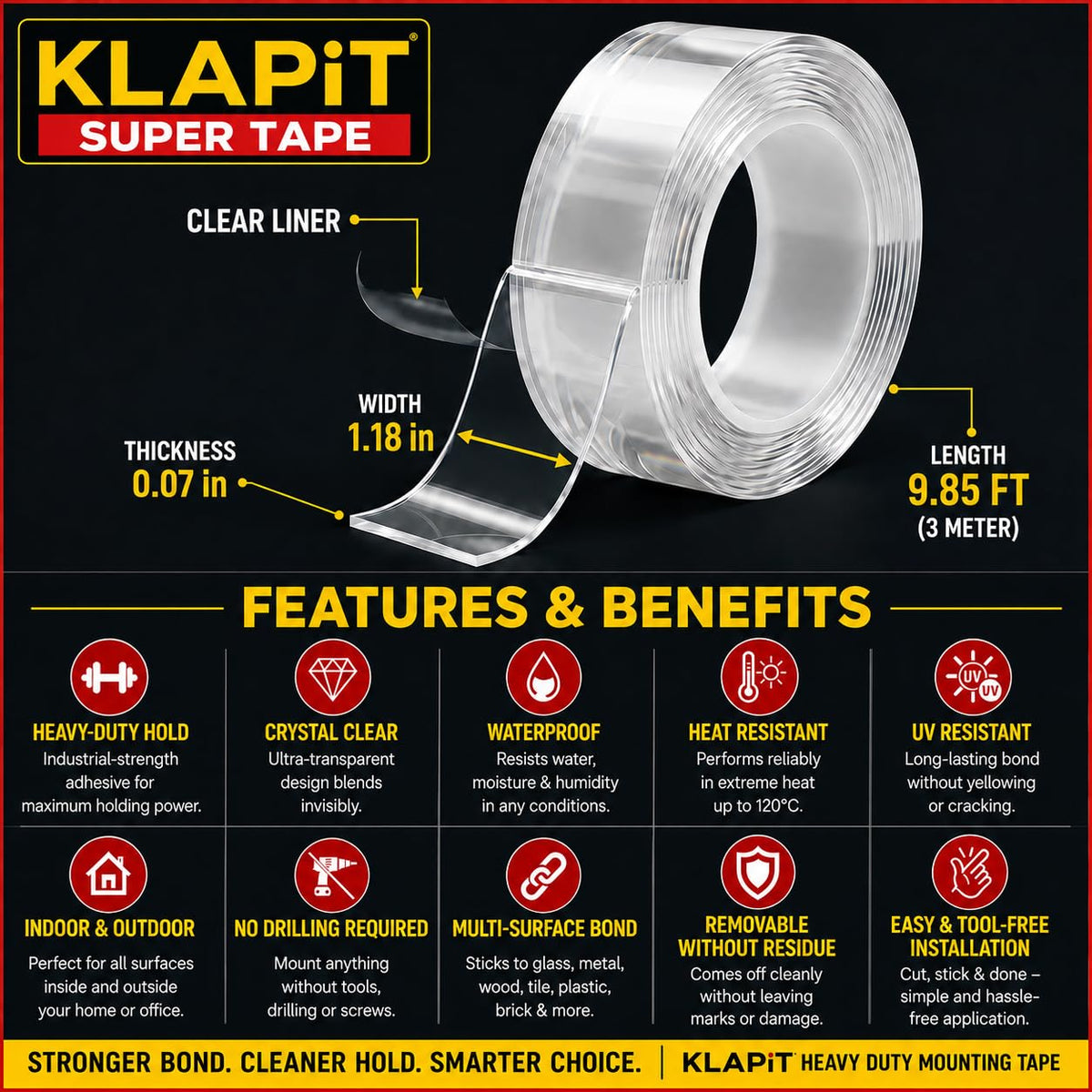 Tough Super Heavy Duty Double Sided Tape (9.85FT/3M) – Waterproof Removable Mounting Tape | 270lbs Hold Weatherproof