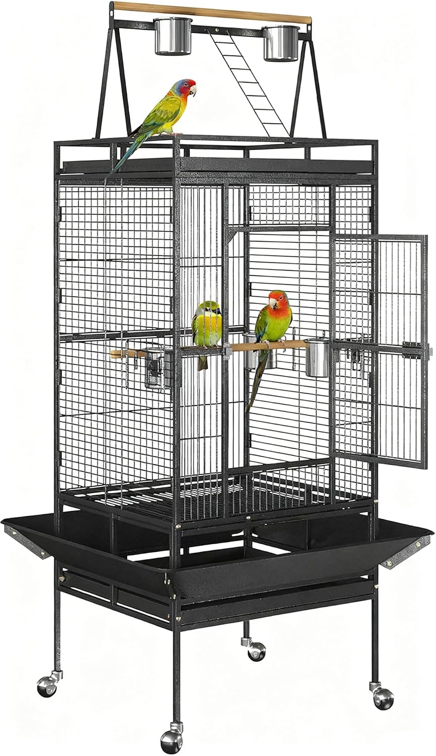 68-Inch Birdcage, Playtop Parrot Cage, Wrought Iron Bird Cage with Rolling Stand, Heavy-Duty Pet Bird House for