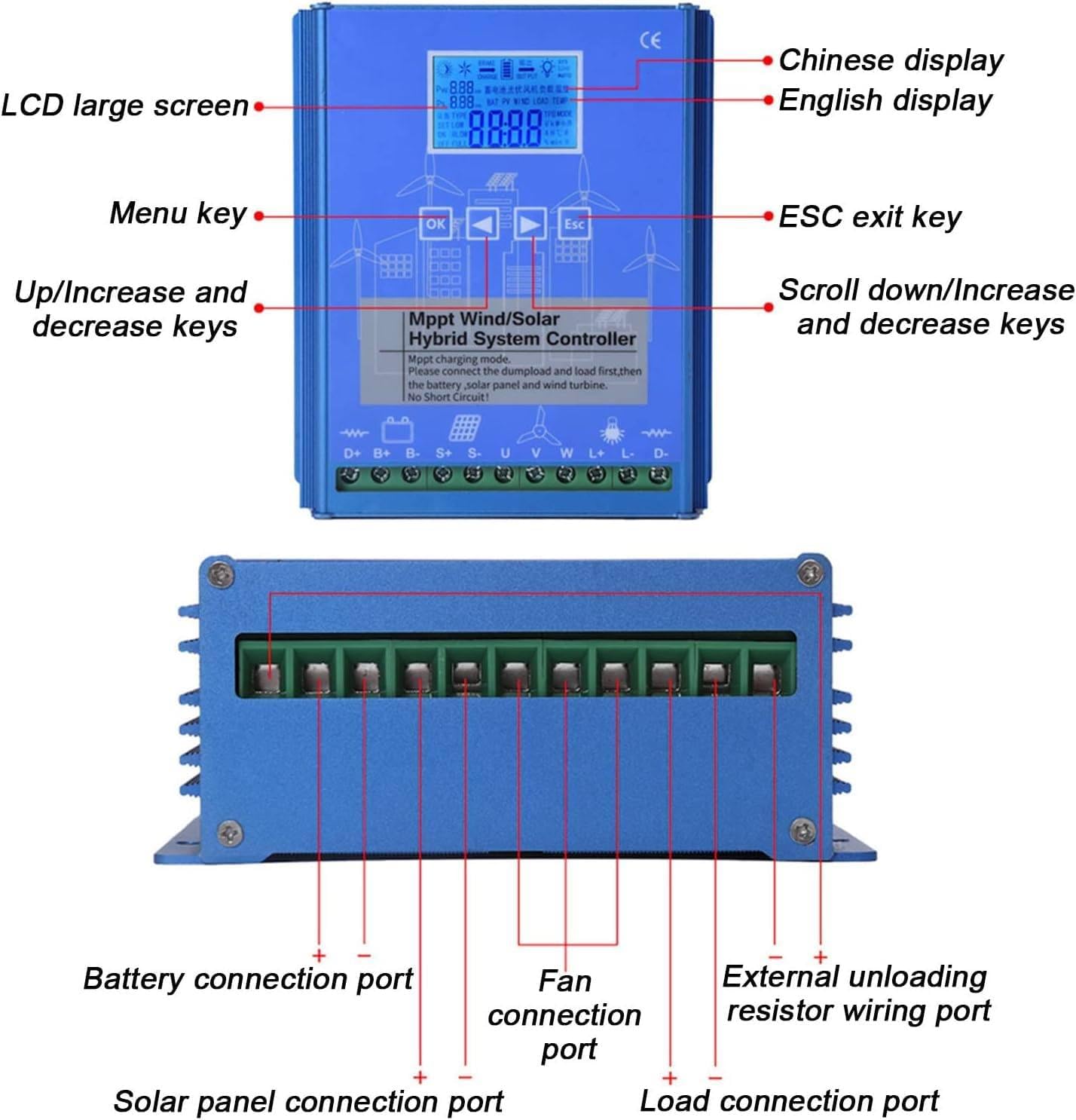 3000W 5000W 6000W 8000W 10000W 12000W Wind Solar Hybrid Charge Controller with LCD Display, 12V 24V 48V, Mppt, Wind