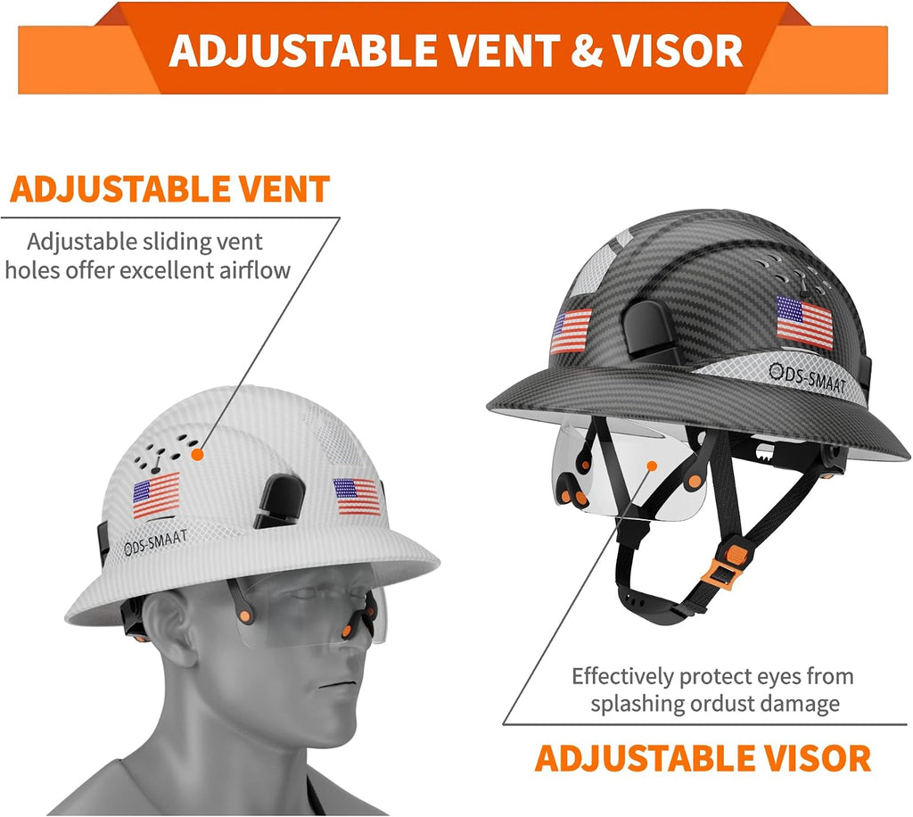 Full Brim Hard Hat with Visor, 6-Point Ratchet Suspension Safety Helmet, Superior Impact Head Protection, ANSI Z89.1