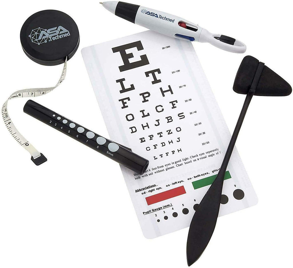 Dual Head Stethoscope w/Snellen Eye Chart, Taylor Percussion Hammer, Otoscope w/Batteries, LED Pupil Gauge Penlight