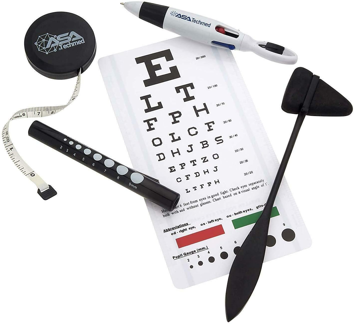 Dual Head Stethoscope w/Snellen Eye Chart, Taylor Percussion Hammer, Otoscope w/Batteries, LED Pupil Gauge Penlight