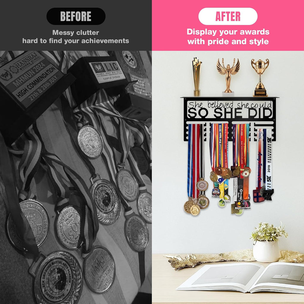 Medal Hanger Display with Trophy Shelf, Wall Mounted Race Medal Holder | 16.2" Metal Medal Rack Holds 70+ Medals
