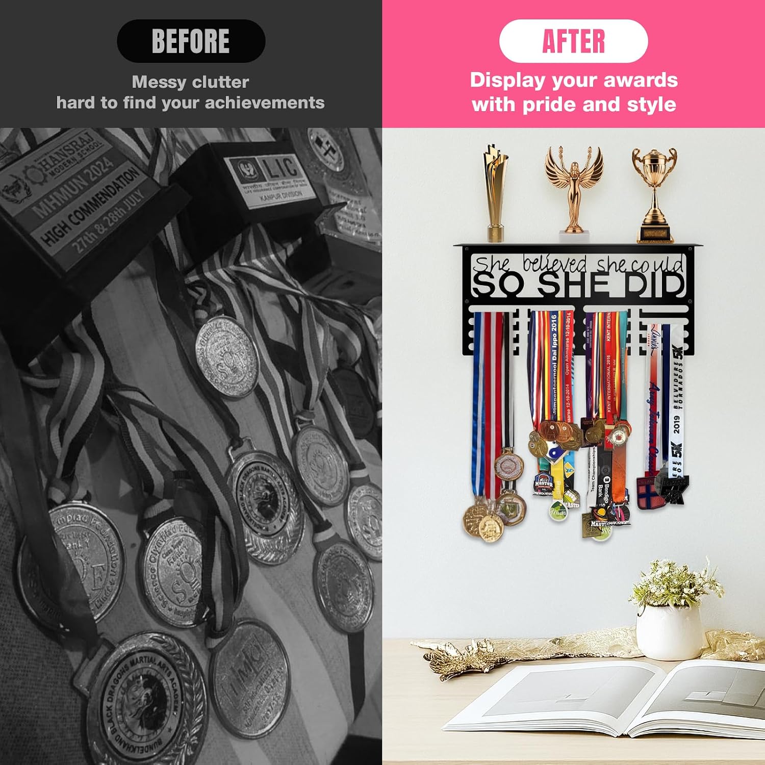 Medal Hanger Display with Trophy Shelf, Wall Mounted Race Medal Holder | 16.2" Metal Medal Rack Holds 70+ Medals