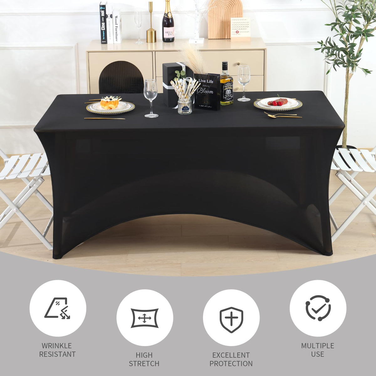 6 Pack 8FT Black Tablecloth Rectangle Spandex Fitted Table Cover