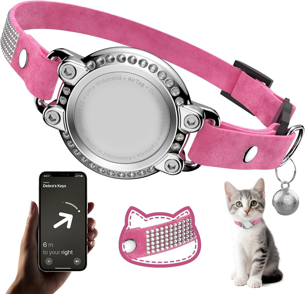 AirTag Cat Collar Breakaway, Rhinestone Collars with Air Tag Holder, Pink