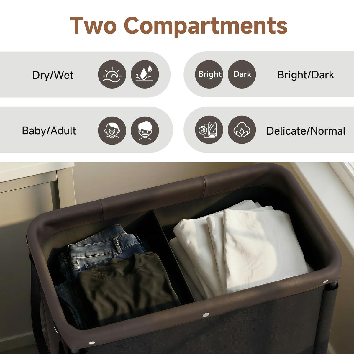 2 Section Laundry Hamper, 100L Black Sorter Cart with Wheels