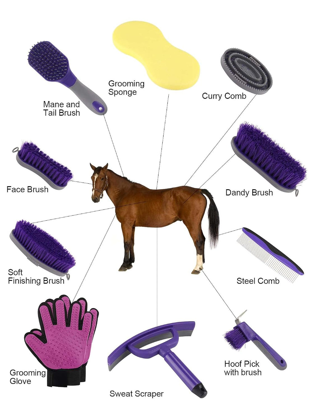 Horse Grooming Kit (12-Piece): Brushes, Storage Bag, Sweat Scraper, Mane Comb, Grooming Gloves - Purple Horse Gifts