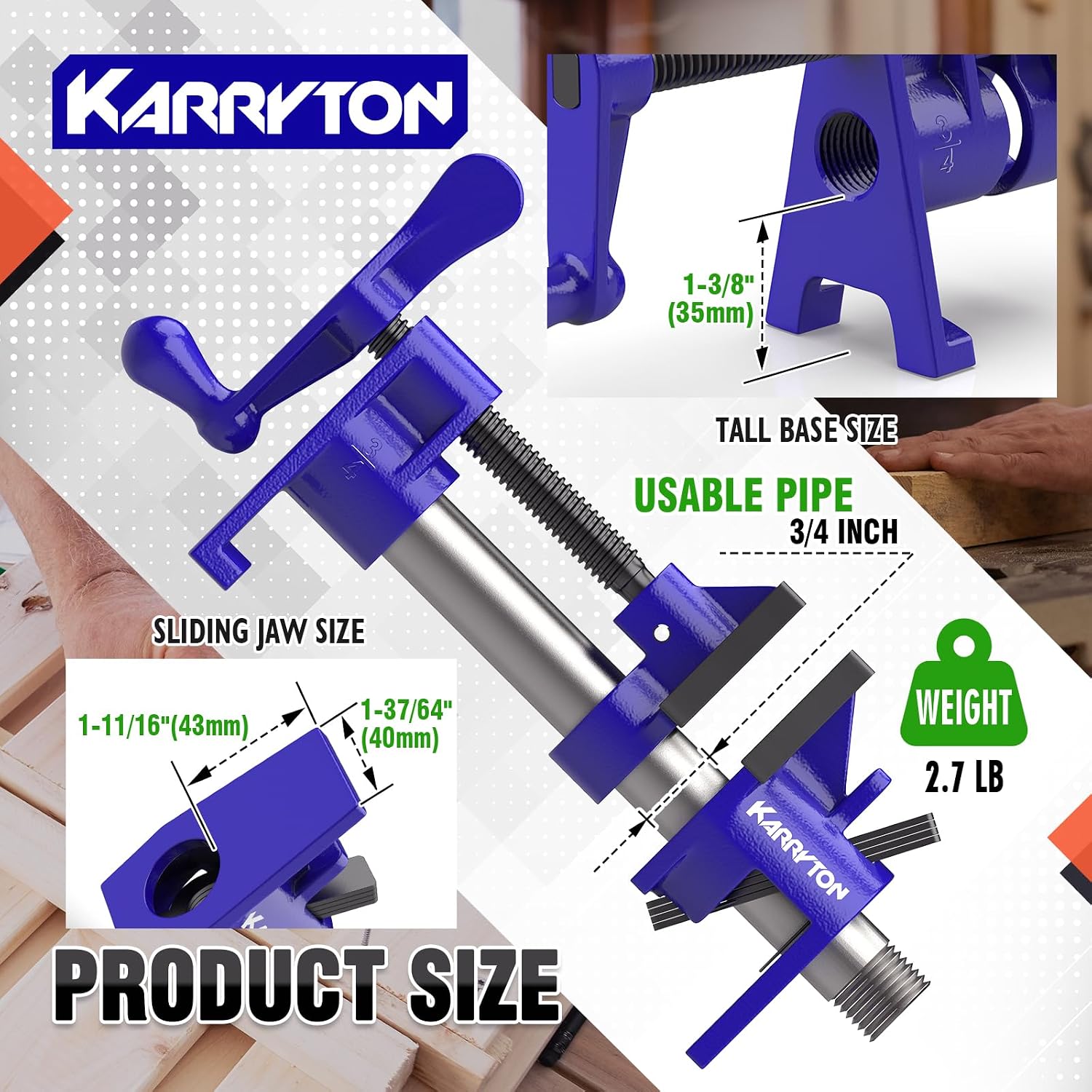3/4 Inch Heavy Duty Pipe Clamps for Woodworking, H-Style Wood Gluing Clamps w/Foot Pads, Adjustable Pipe Clamp Tool