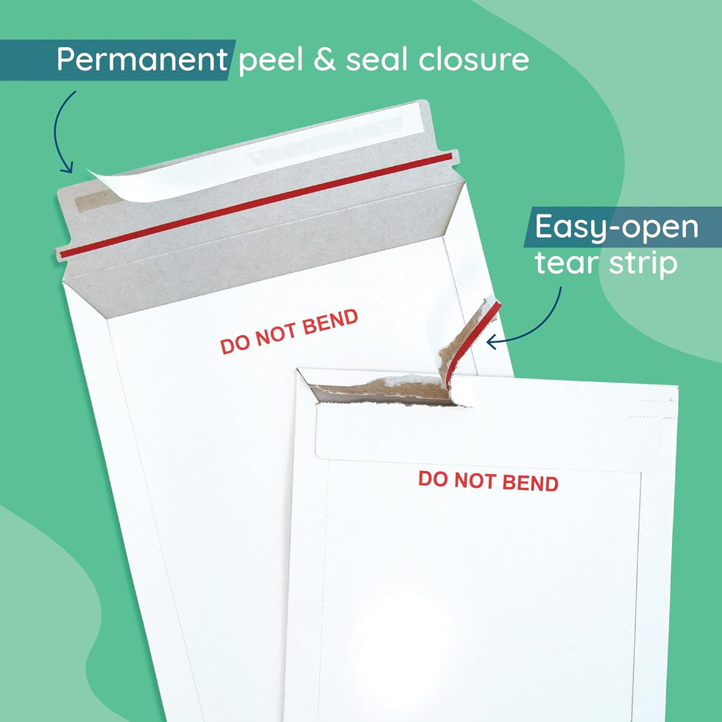 25 12.75" x 15" Rigid Mailers, Self Seal, Do Not Bend | White cardboard, stay-flat rigid, peel and seal, protects