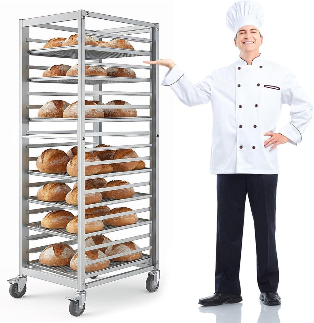 18 Tier Commercial Bakers Rack, Aluminum Bun Pan Rack with 4 Wheels