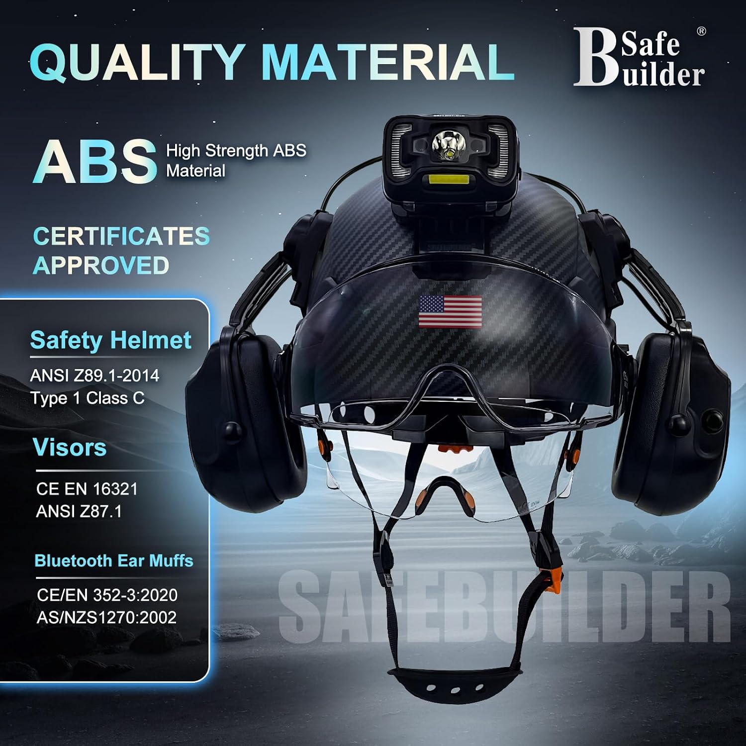 Hard Hats with Bluetooth Ear Muffs Headlight Safety Helmet with Visor Vented Adjustable Construction Forestry