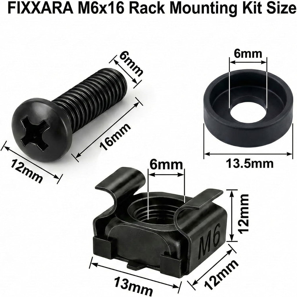M6x16 Rack Mount Screws, Steel Cage Nuts & Nylon Washers, 50-Pack