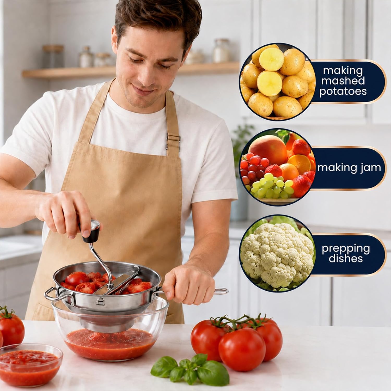 Stainless Steel Food Mill with 3 Interchangeable Discs, Rotary Food Mill for Tomato Sauce, Mashed Potatoes, Baby