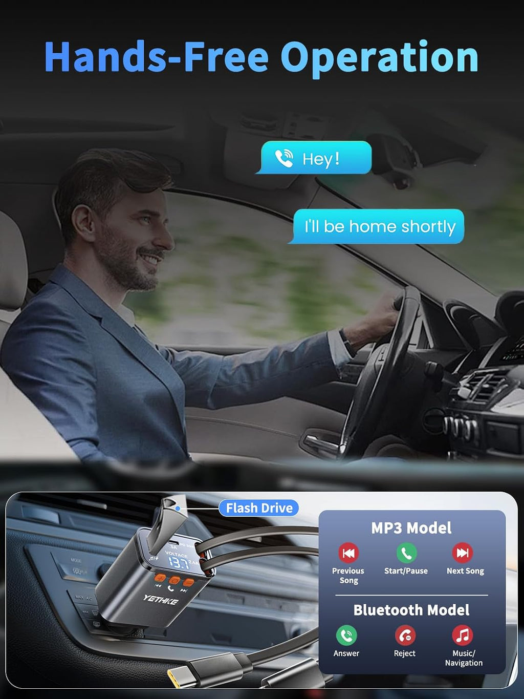 Bluetooth Car Adapter with Retractable Charger, FM Transmitter Bluetooth 5.4 for Cars, 4 in 1 Fast Car Phone Charger