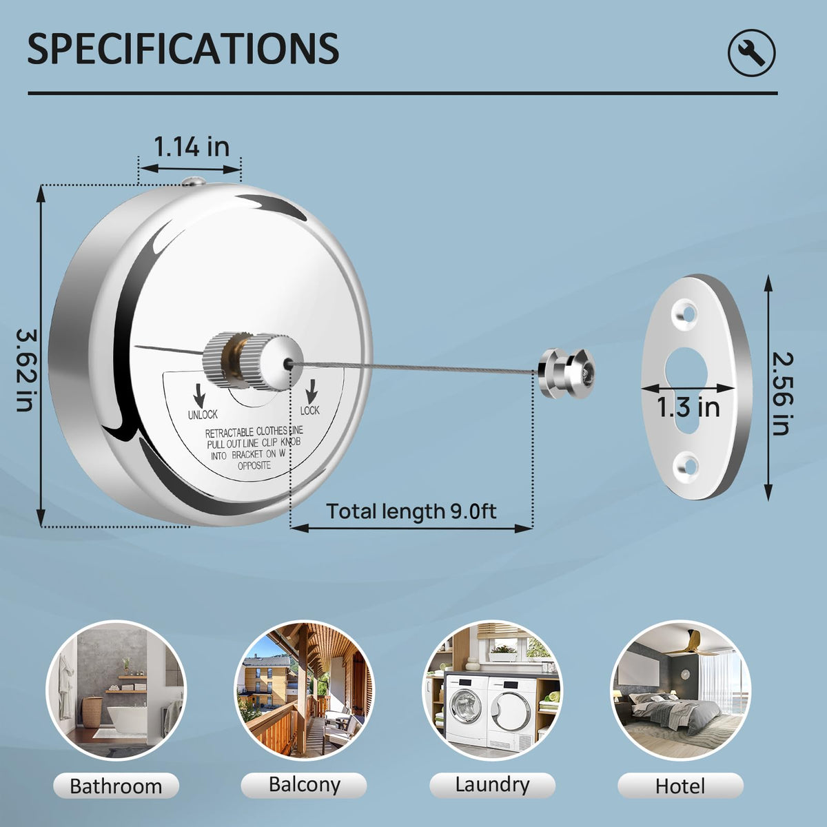 Retractable Clothesline 9.0 Feets Adjustable, 304 Stainless Steel