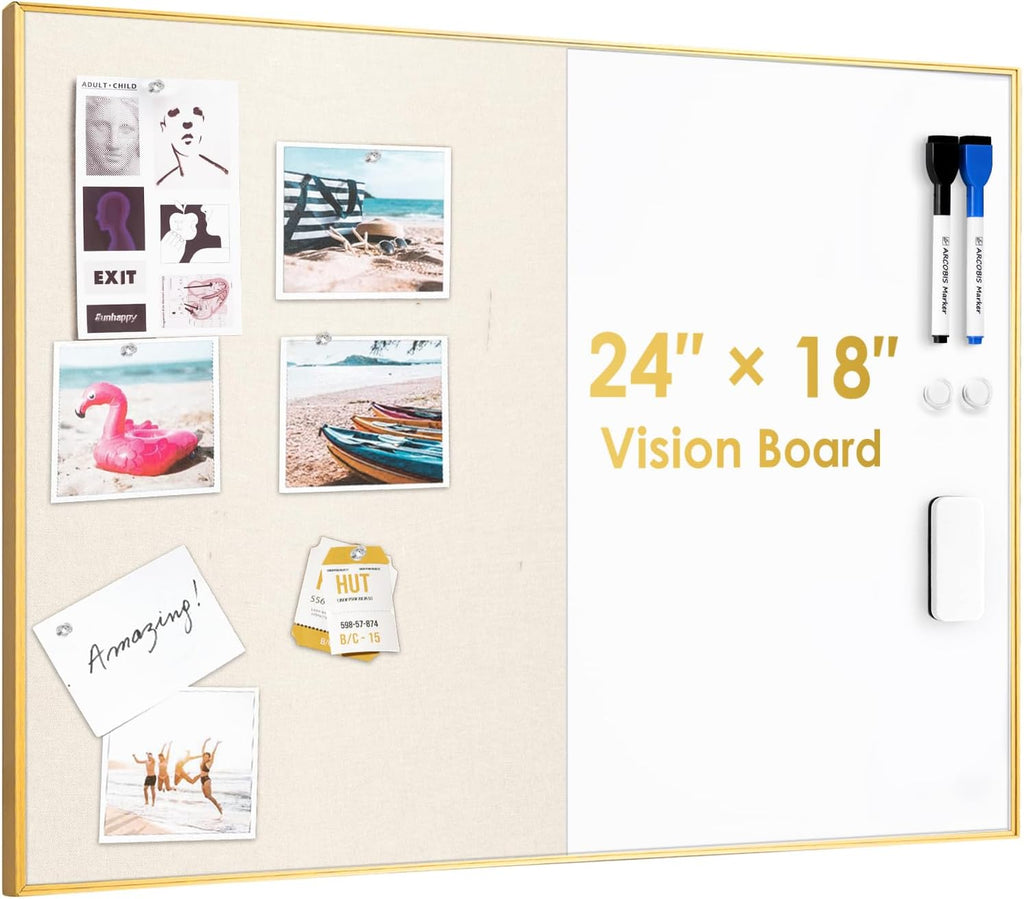 Dry Erase Cork Board Combo, 24"X18" Whiteboard with Linen for Wall, Magnetic Dry Erase Bulletin Board, Vision Board