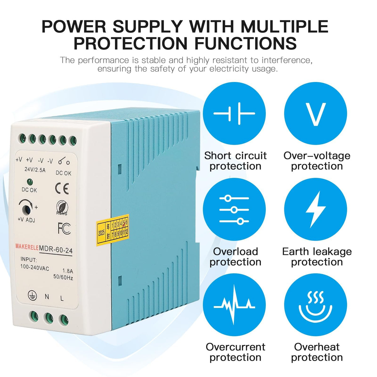 MAKERELE MDR 24V AC to DC DIN Rail Power Supply 60W
