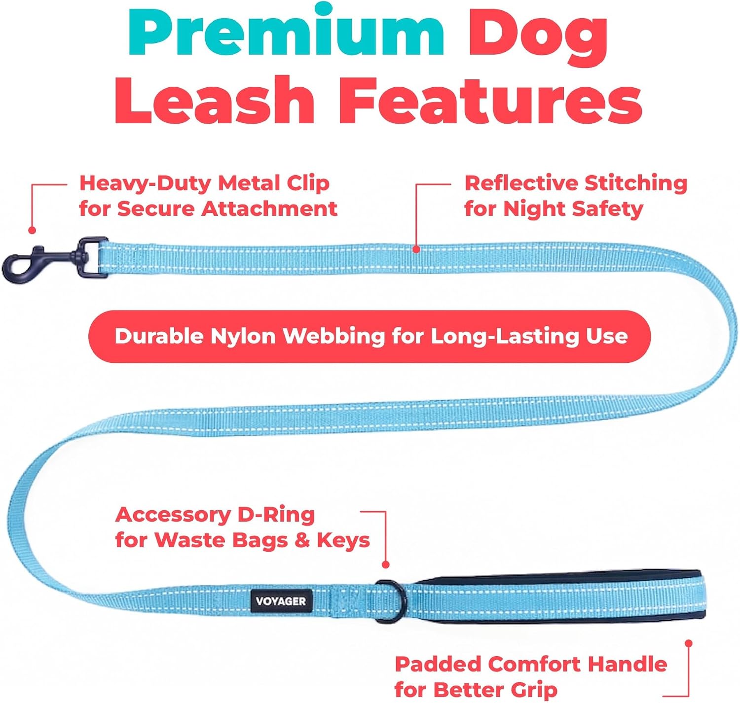 Voyager Reflective Dog Leash or Collar with Neoprene Handle, for Small, Medium, and Large Breed Puppies, Cute and