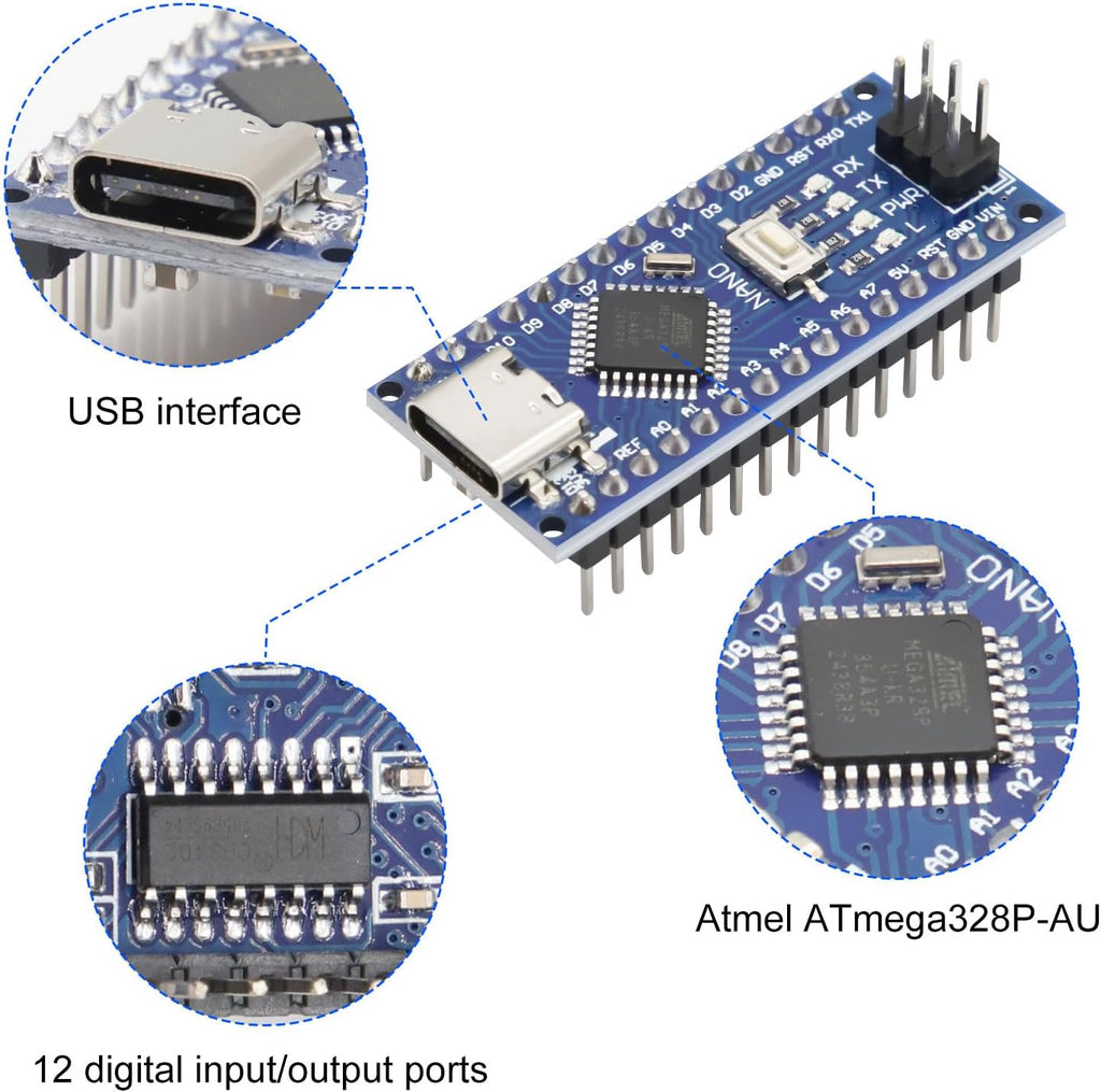 2Pcs Nano V3.0 Board ATmega328P/CH340G Chip Microcontroller Kit Compatible with Arduino IDE/PWM/SPI 5V 16M(USB C Port with 2Pcs USB Cable)