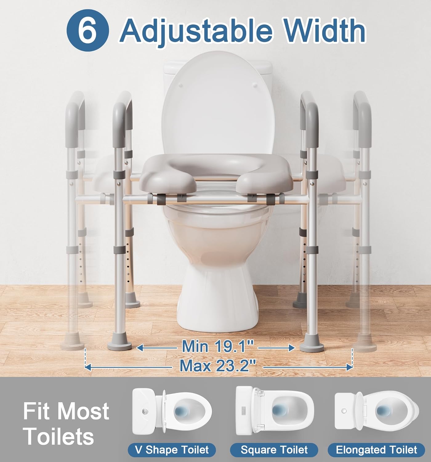 Toilet Seat Riser for Seniors, Raised Toilet Seat with Handles, Adjustable Height & Width, 400lb Handicap Elevated